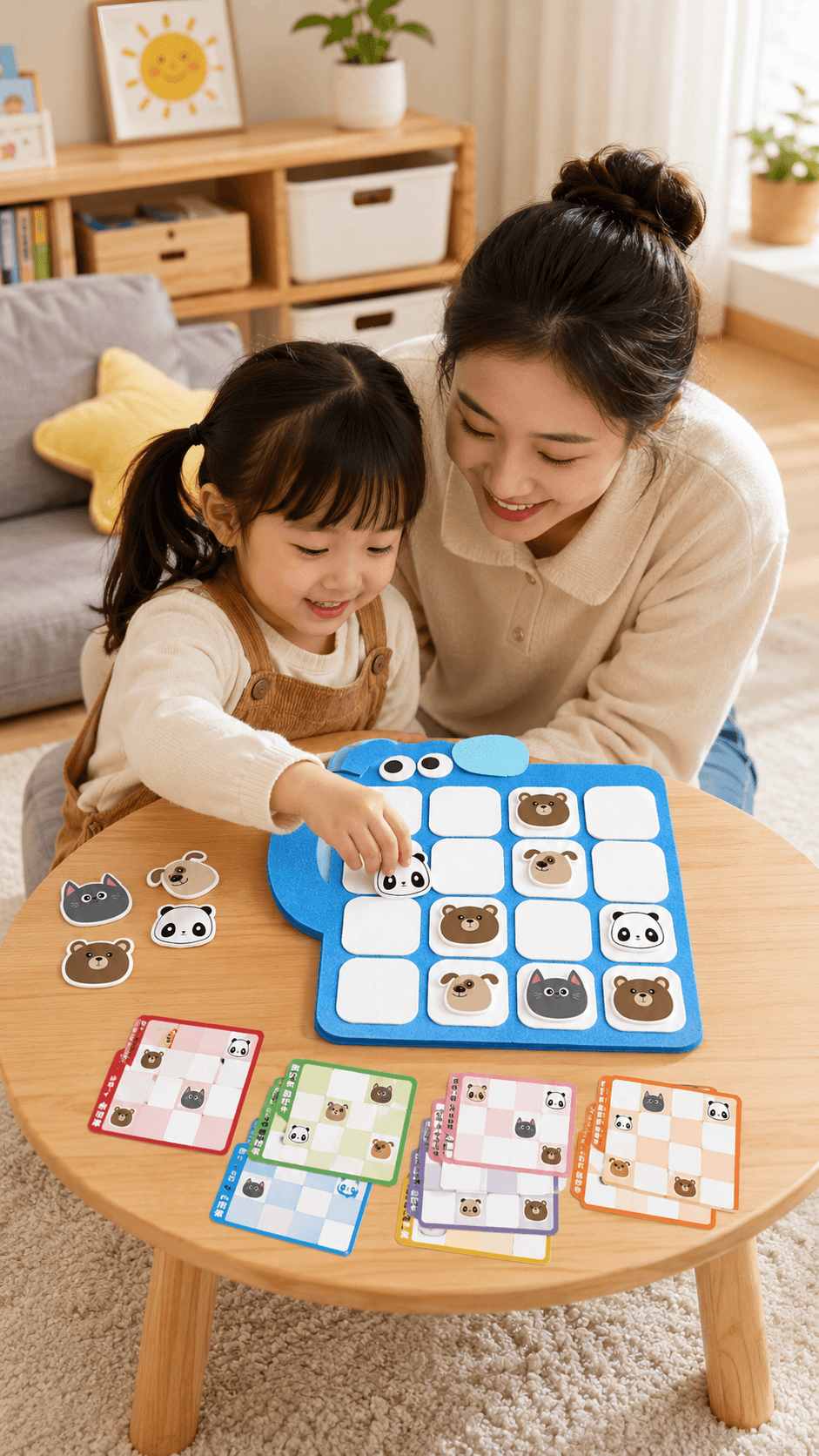幼儿在课堂中操作布好玩教具动物数独进行逻辑推理